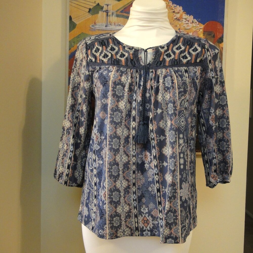 Style & Co Peasant Top  PM 3/4 Sleeve Tassel Tie Blue Coral Shirt Boho Blouse